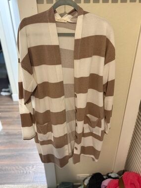 Striped Open-Front Cardigan Sweater in Cream and Brown